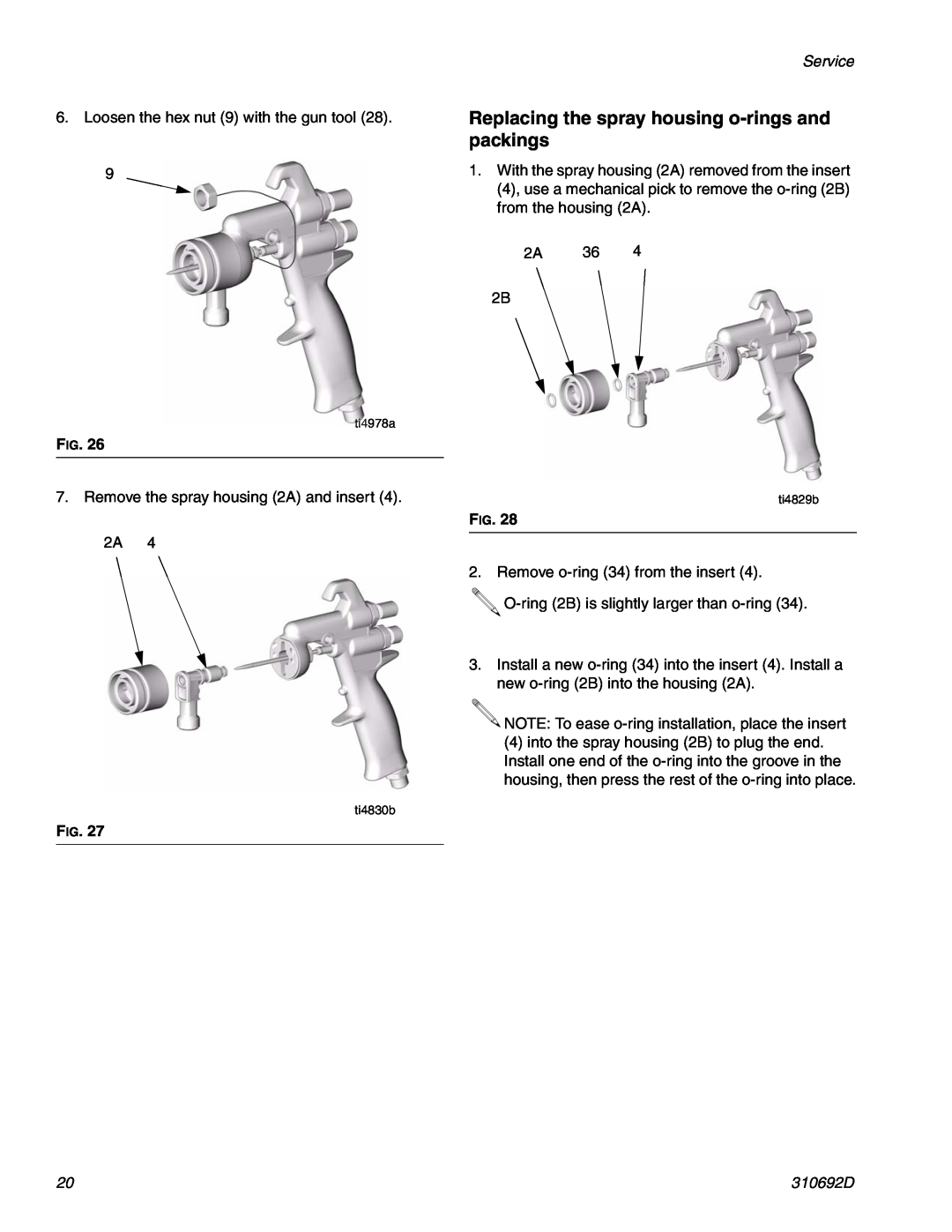Graco 310692D important safety instructions Replacing the spray housing o-rings and packings, Service 