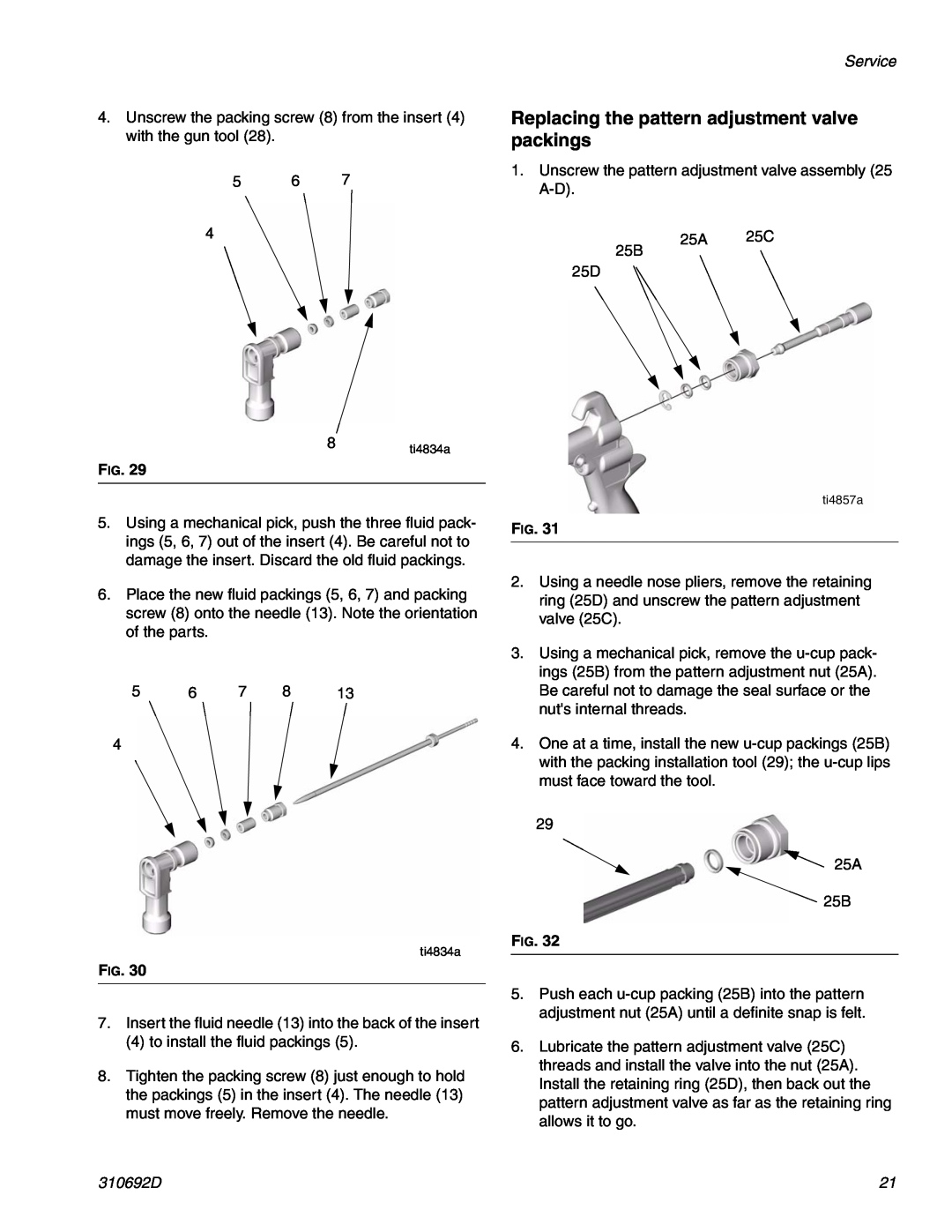 Graco 310692D important safety instructions Replacing the pattern adjustment valve packings, Service 