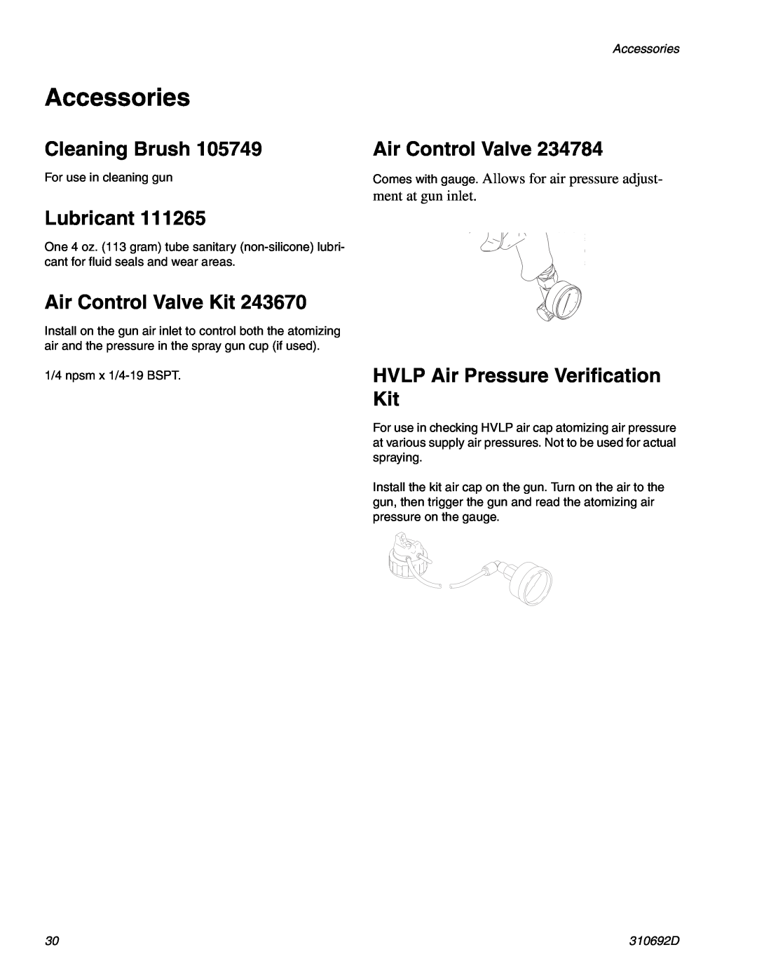 Graco 310692D Accessories, Cleaning Brush, Lubricant, Air Control Valve Kit, HVLP Air Pressure Verification Kit 