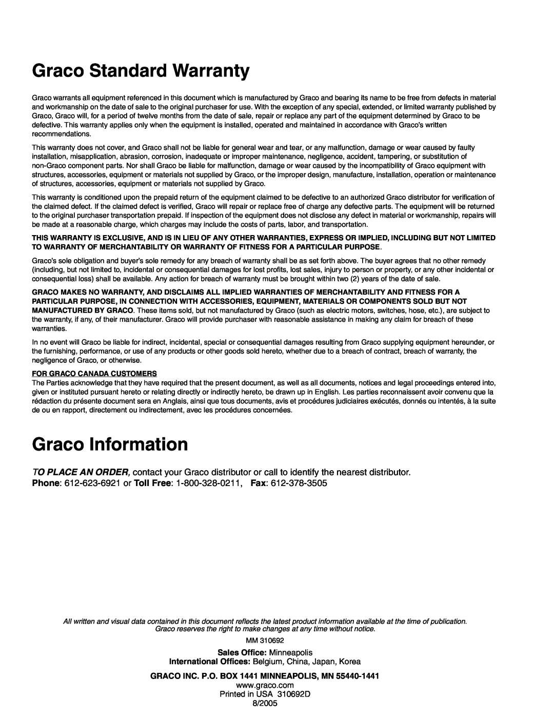 Graco 310692D important safety instructions Graco Standard Warranty, Graco Information, Sales Office Minneapolis 