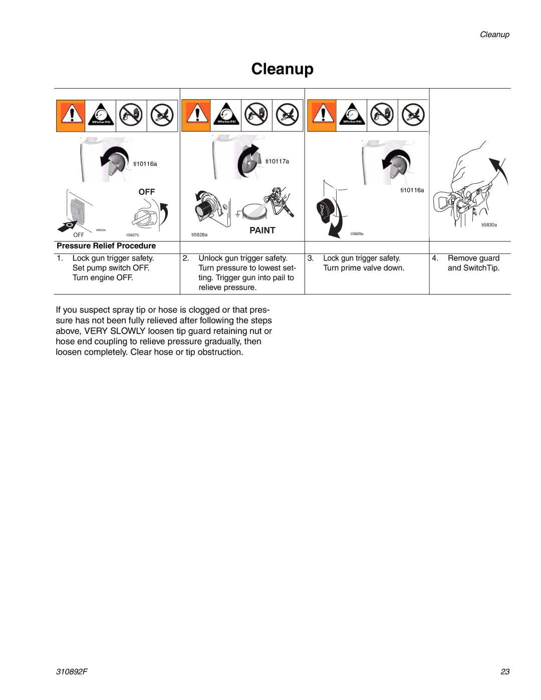 Graco 310829F manual Cleanup, Pressure Relief Procedure 