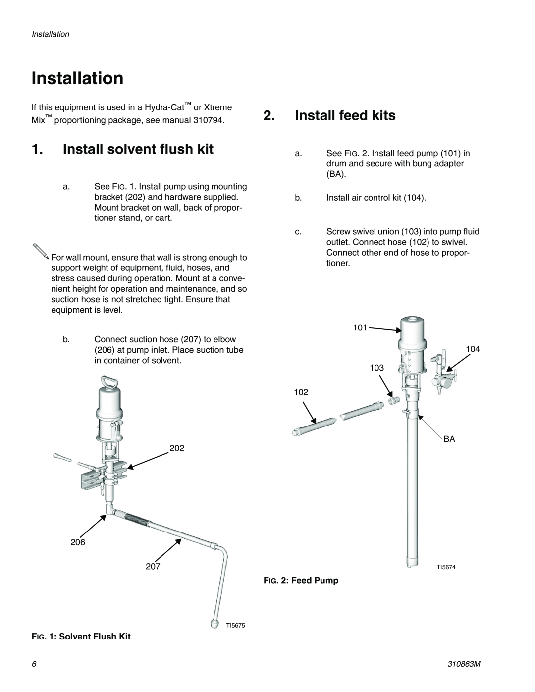 Graco 310863M important safety instructions Installation, Install solvent flush kit, Install feed kits 