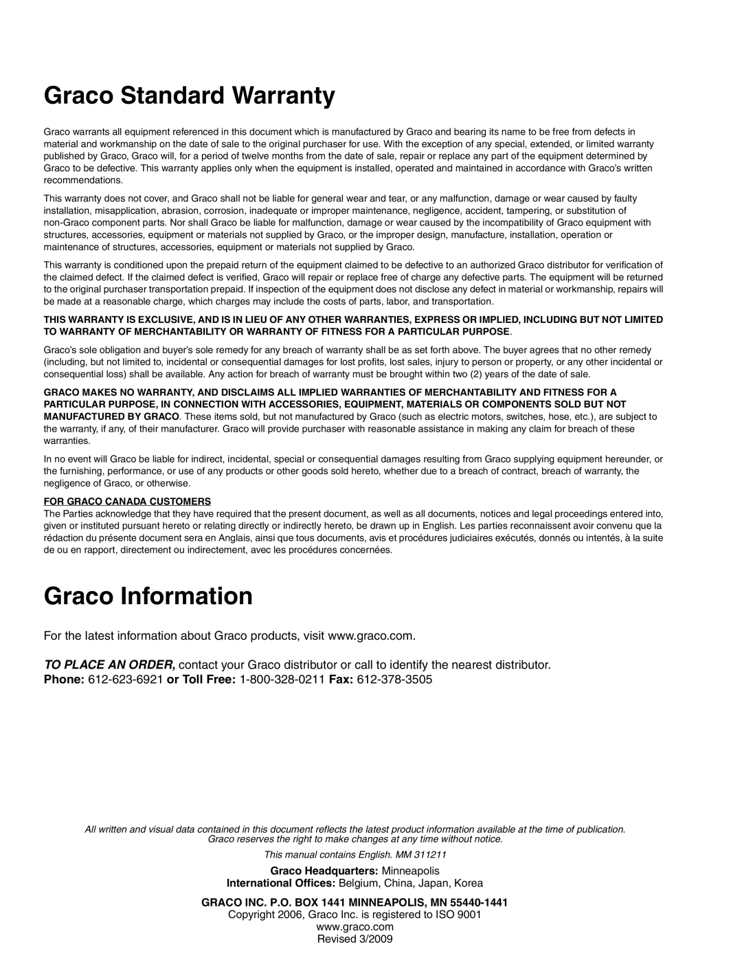 Graco 311211L important safety instructions Graco Standard Warranty, Graco Information, Graco Headquarters Minneapolis 