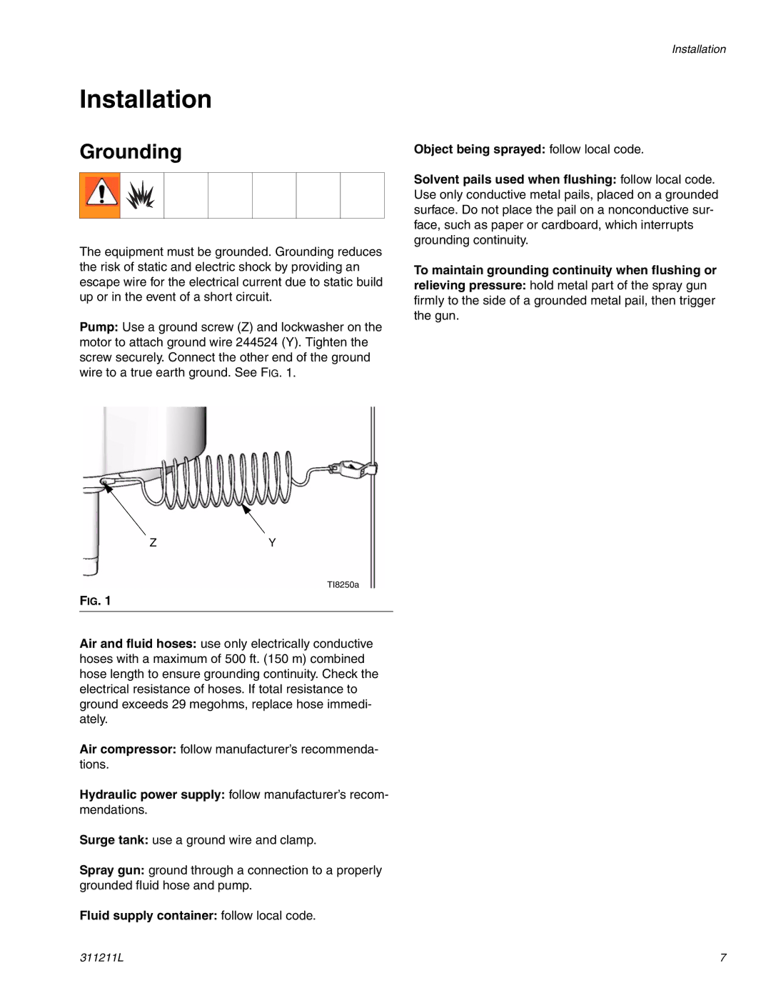 Graco 311211L important safety instructions Installation, Grounding, Fluid supply container follow local code 