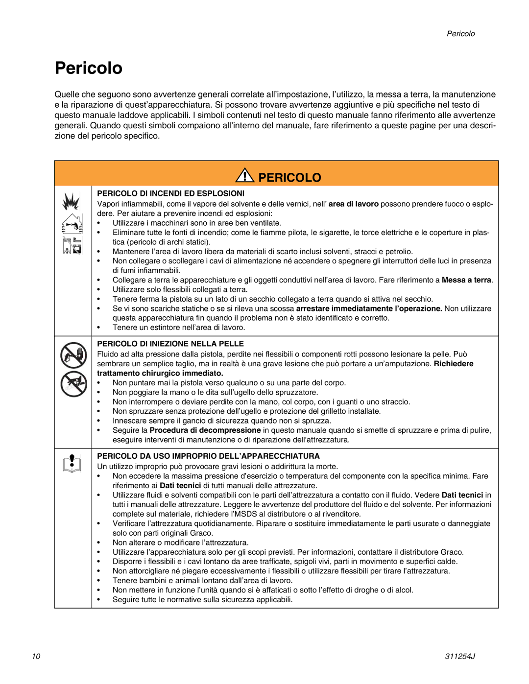 Graco 311254J Pericolo DI Incendi ED Esplosioni, Pericolo DI Iniezione Nella Pelle, Trattamento chirurgico immediato 