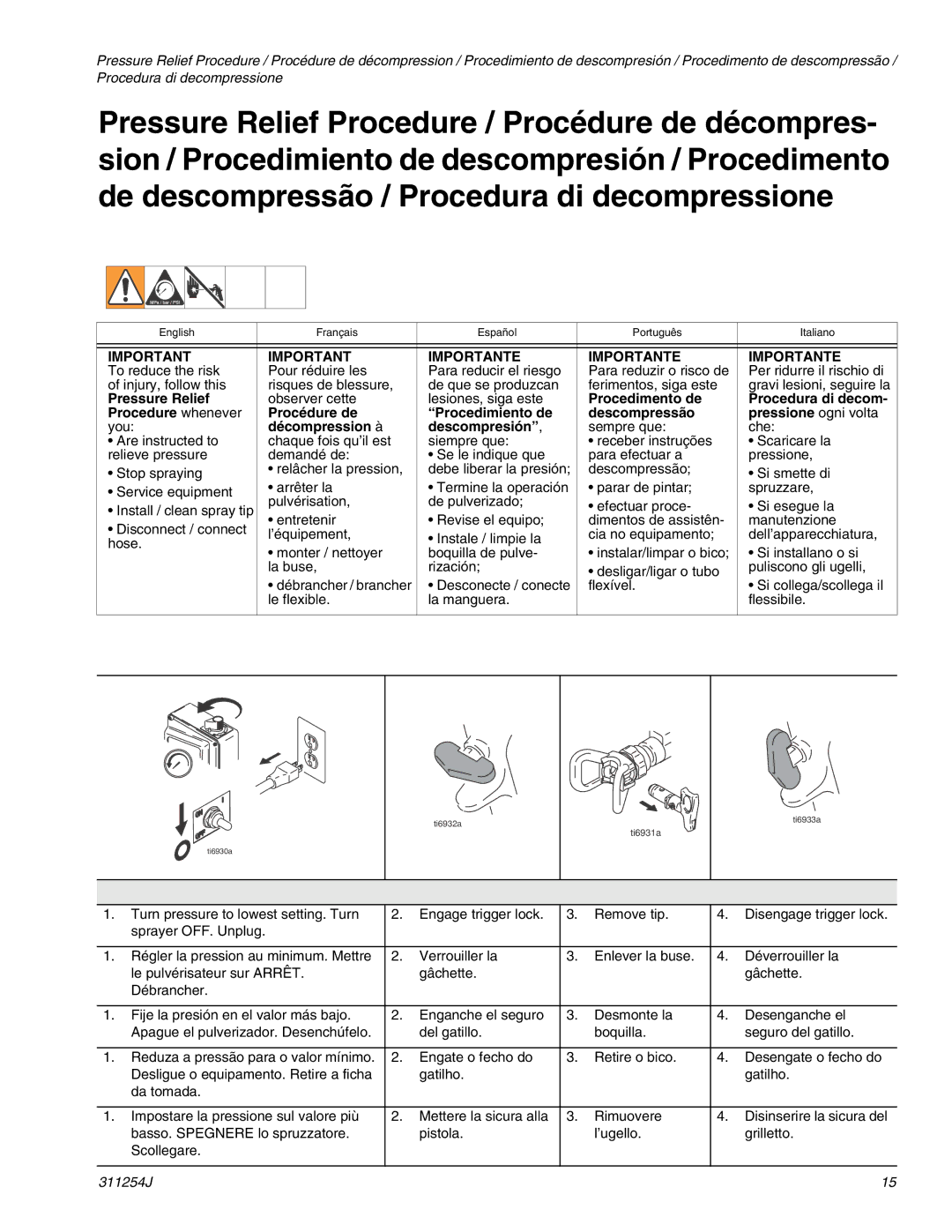 Graco 311254J warranty Importante, Pressure Relief, Décompression à Descompresión 