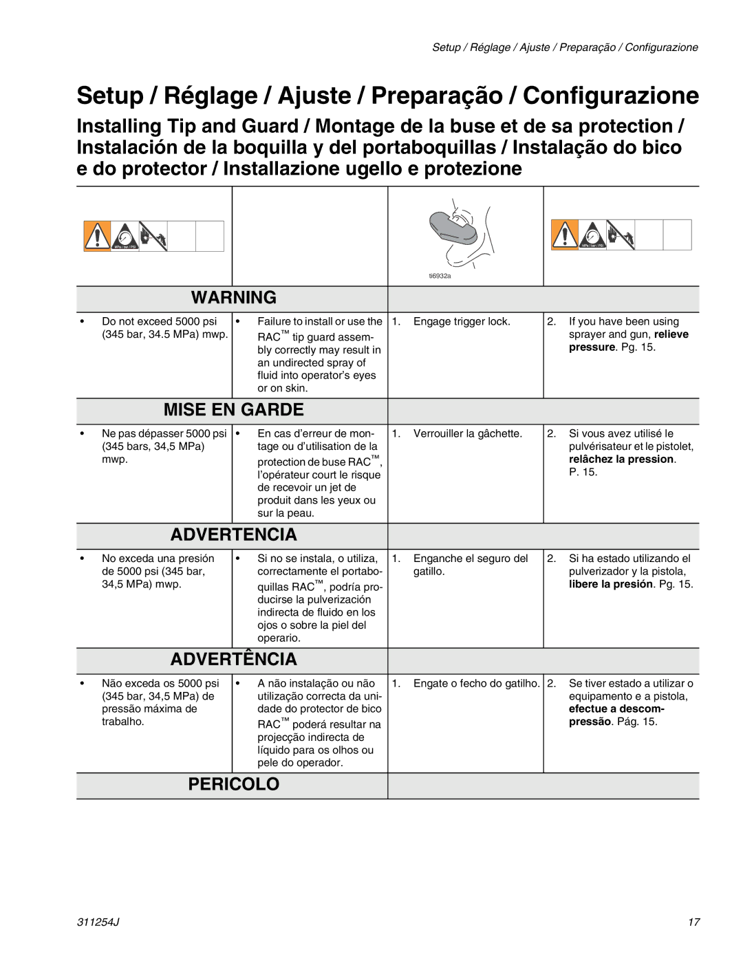 Graco 311254J warranty Setup / Réglage / Ajuste / Preparação / Configurazione, Relâchez la pression, Libere la presión. Pg 