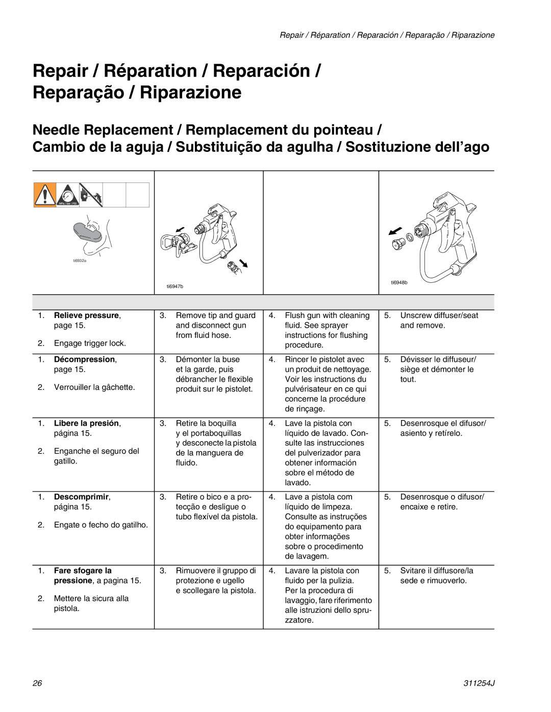 Graco 311254J warranty Repair / Réparation / Reparación Reparação / Riparazione, Décompression, Descomprimir 