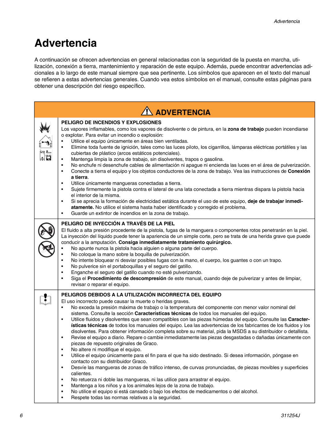 Graco 311254J warranty Advertencia, Peligro DE Incendios Y Explosiones, Peligro DE Inyección a Través DE LA Piel 