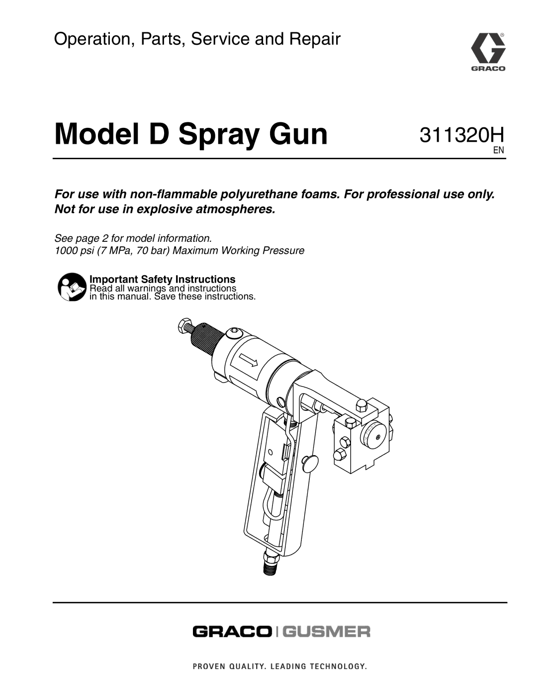 Graco 311320H important safety instructions Model D Spray Gun, Important Safety Instructions 