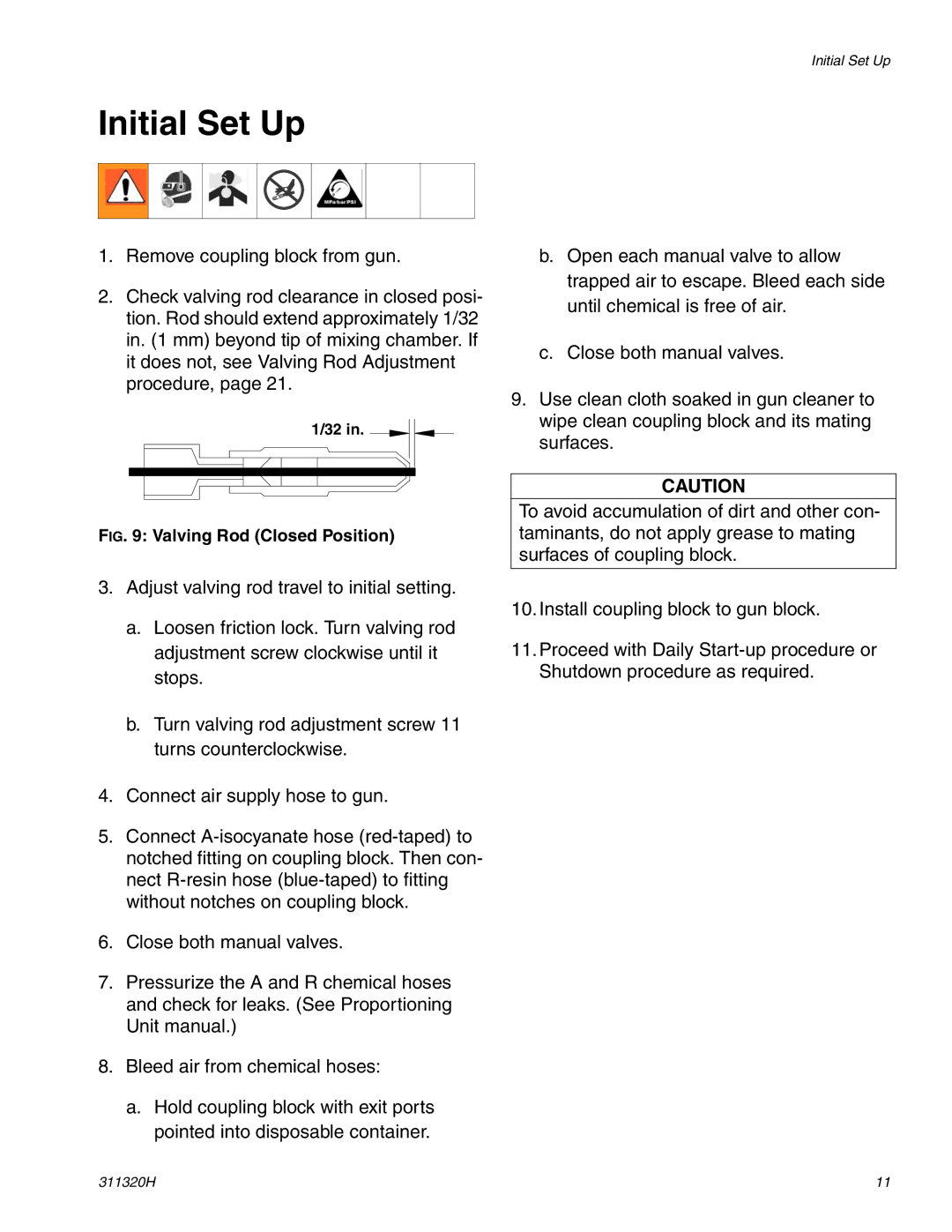 Graco 311320H important safety instructions Initial Set Up, Valving Rod Closed Position 