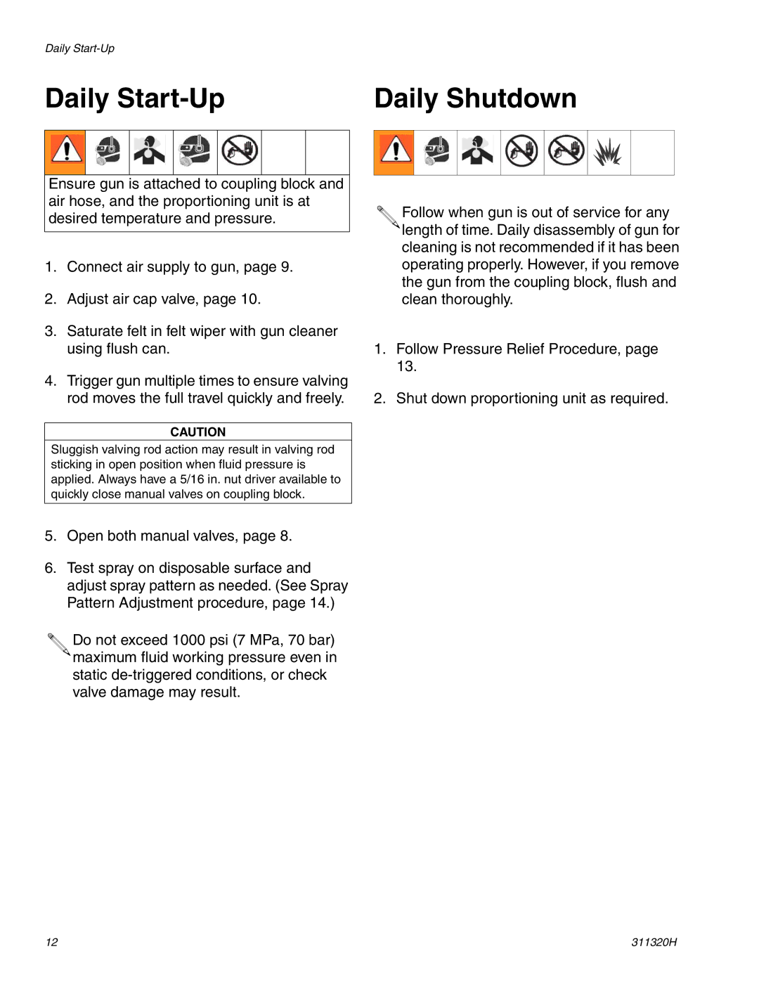 Graco 311320H important safety instructions Daily Start-Up, Daily Shutdown 