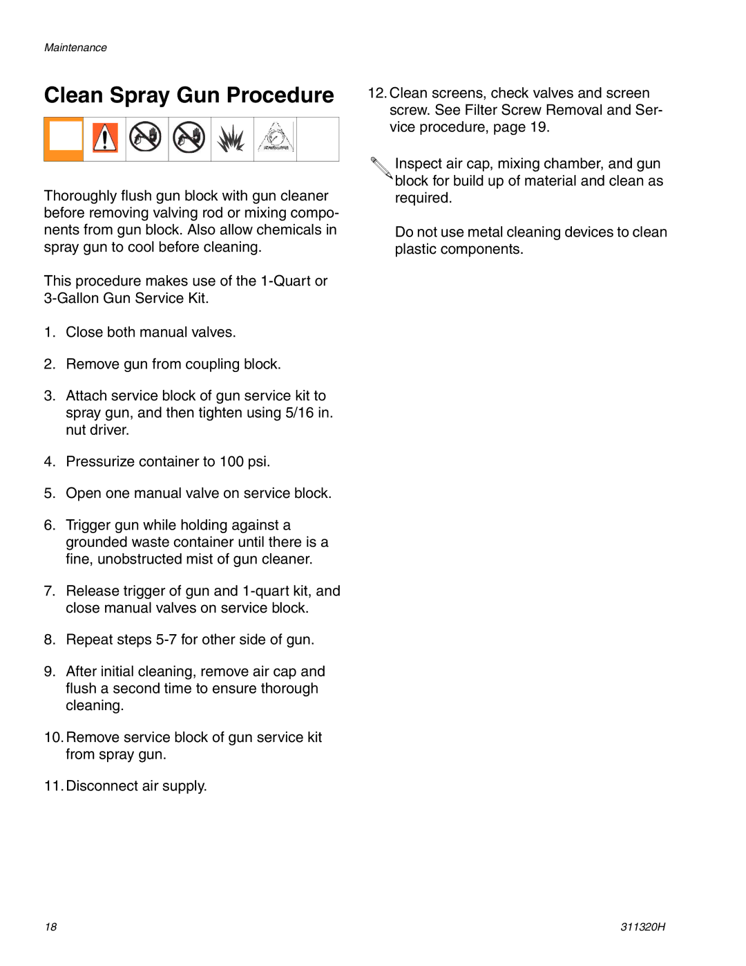 Graco 311320H important safety instructions Clean Spray Gun Procedure 