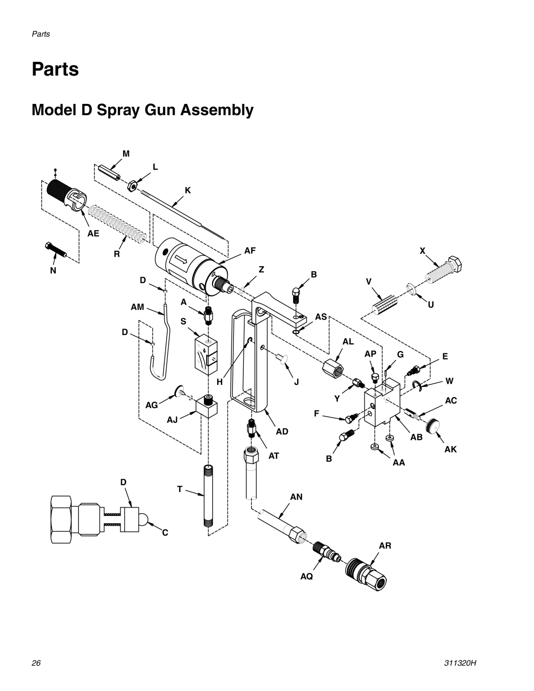 Graco 311320H important safety instructions Parts, Model D Spray Gun Assembly 