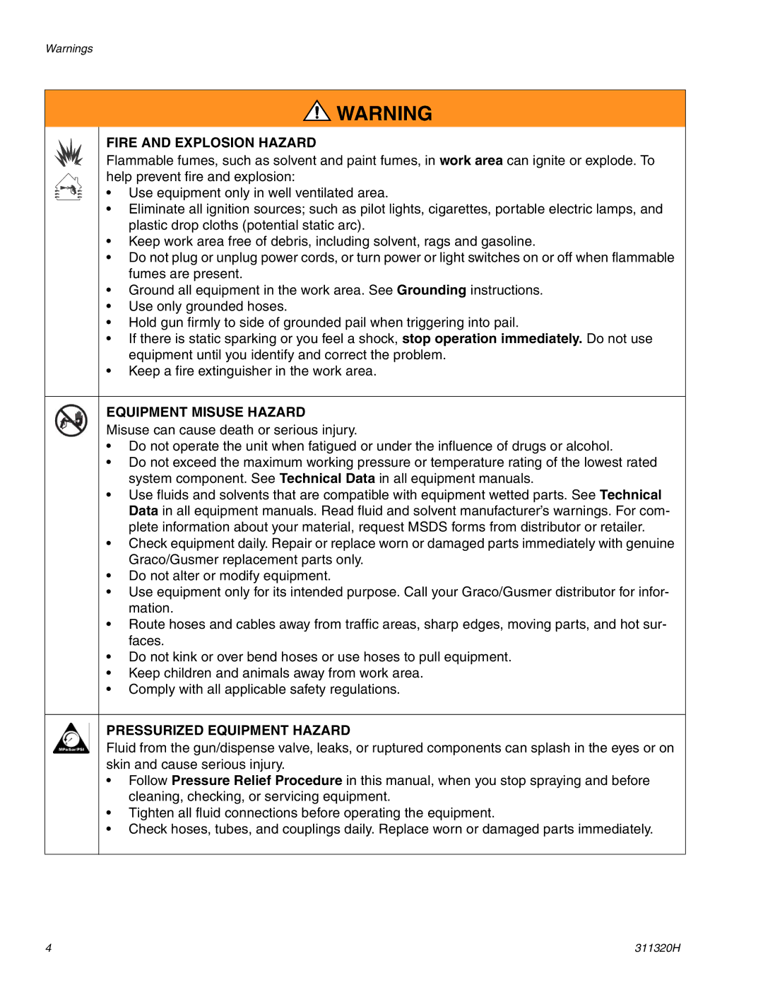 Graco 311320H important safety instructions Fire and Explosion Hazard 