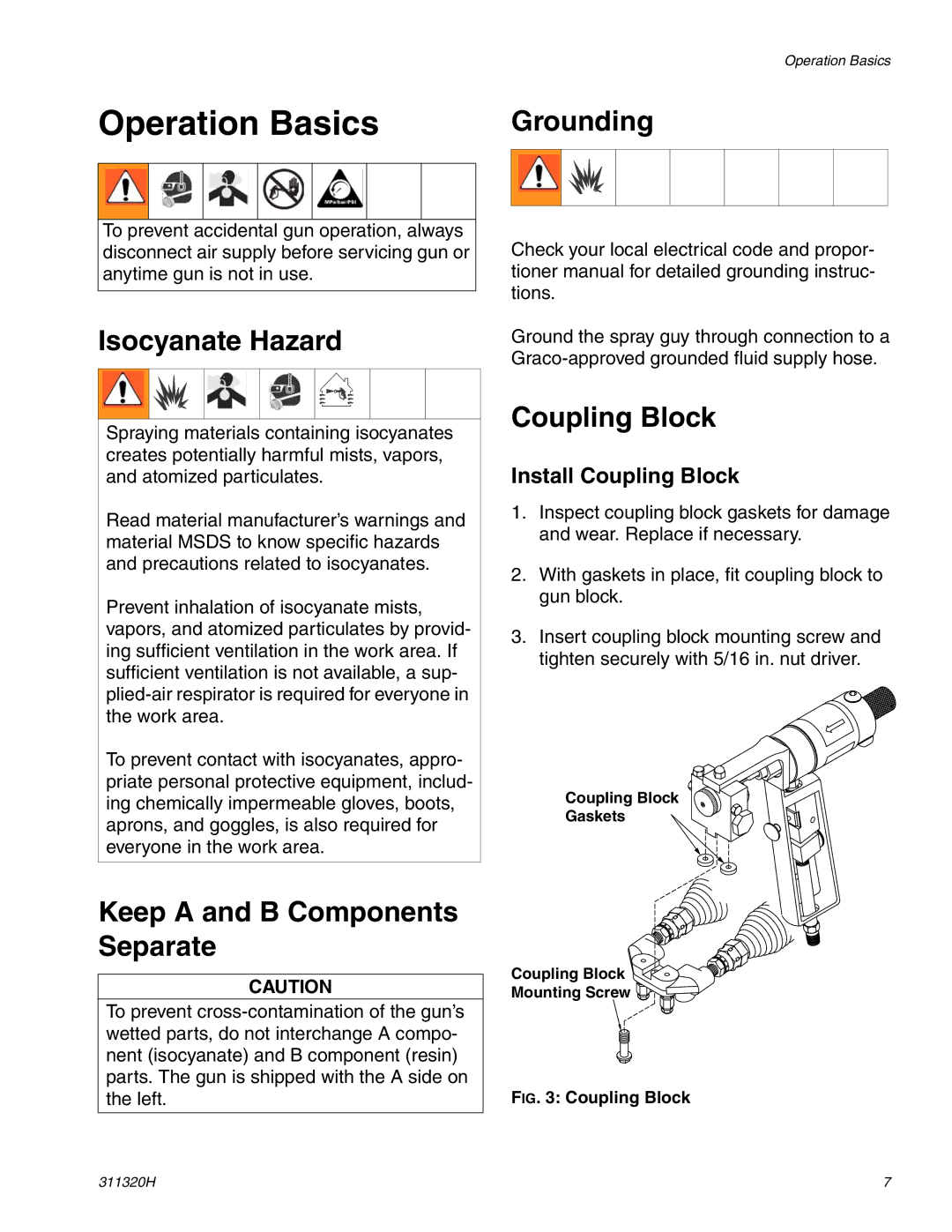 Graco 311320H Operation Basics, Grounding, Isocyanate Hazard, Keep a and B Components Separate, Coupling Block 