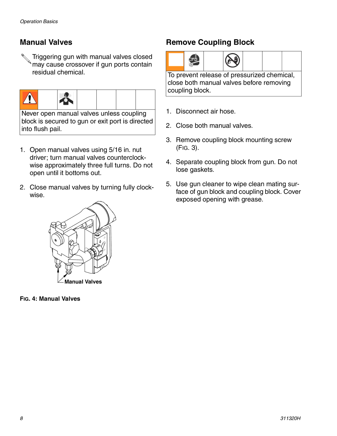 Graco 311320H important safety instructions Manual Valves, Remove Coupling Block 