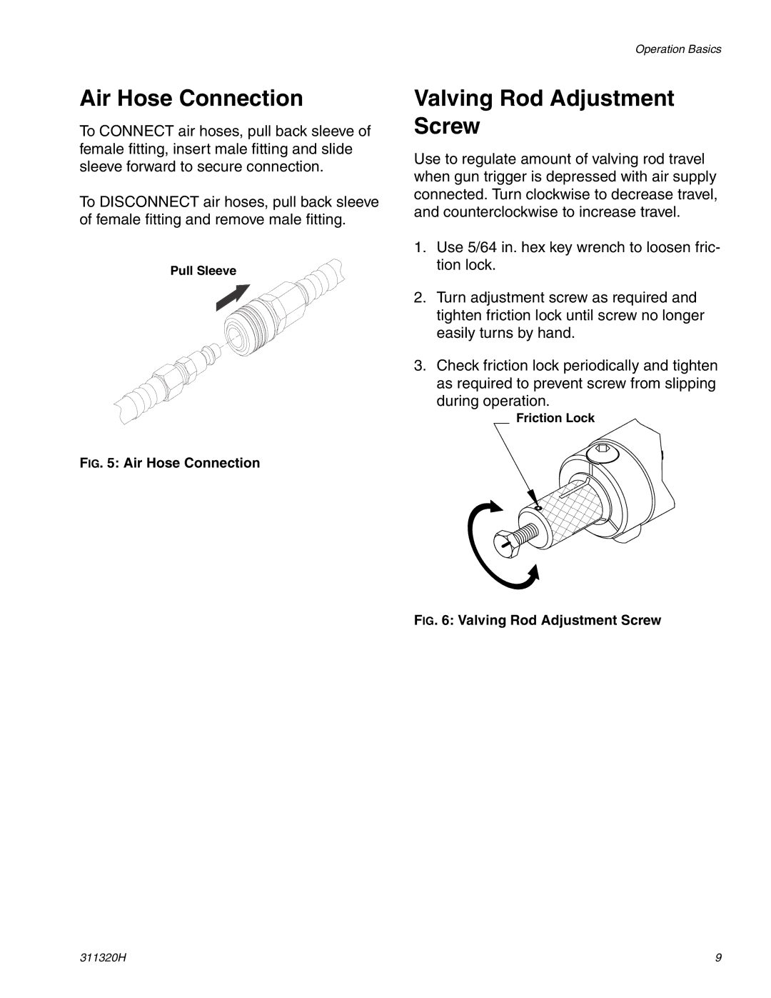 Graco 311320H important safety instructions Air Hose Connection, Valving Rod Adjustment Screw 