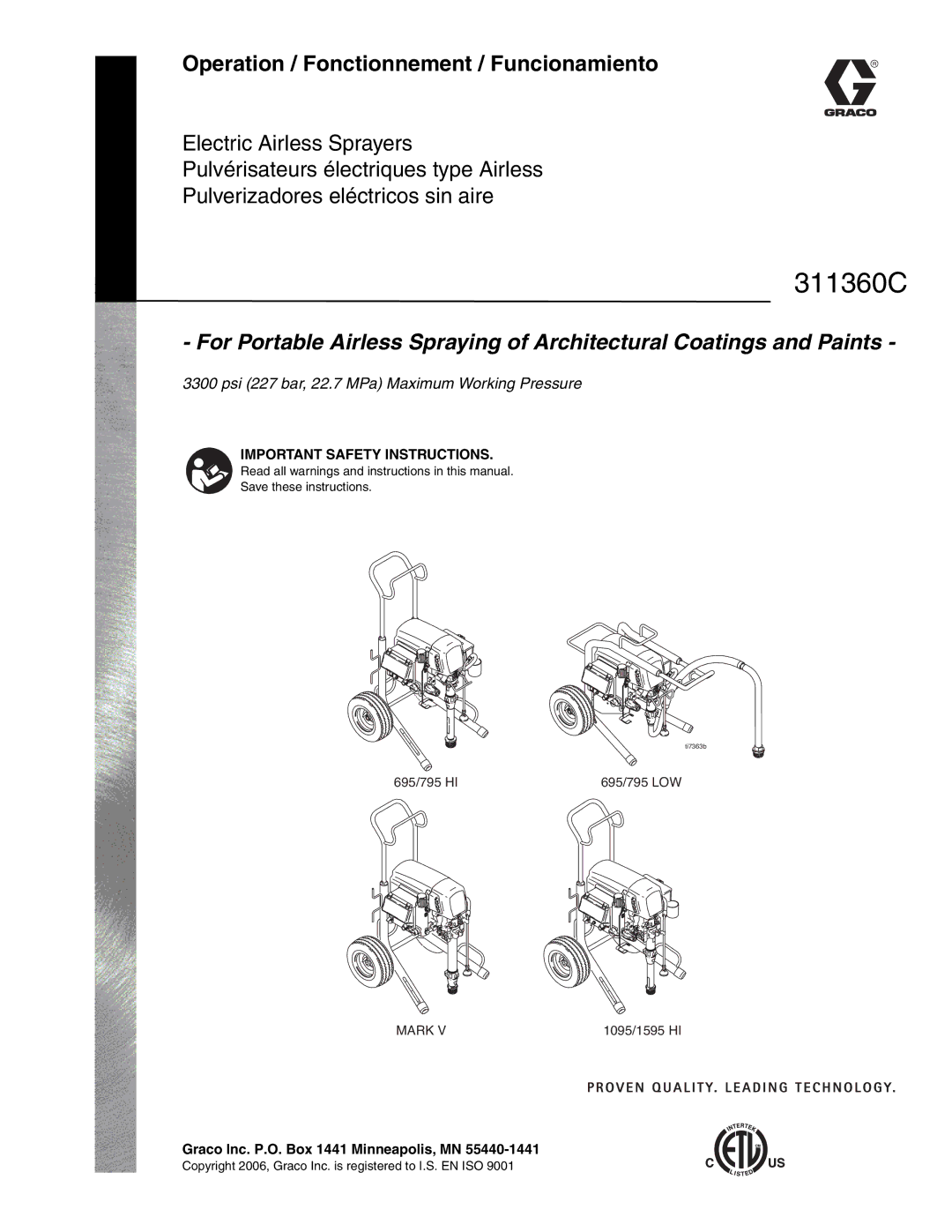 Graco 311360C important safety instructions Operation / Fonctionnement / Funcionamiento 