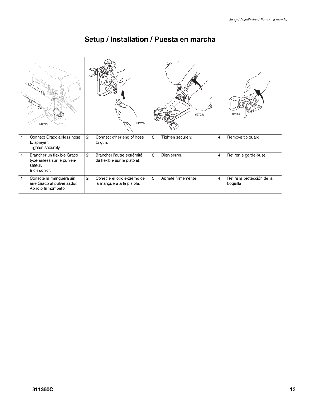 Graco 311360C important safety instructions Setup / Installation / Puesta en marcha 