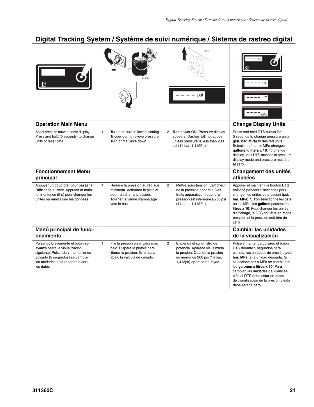 Graco 311360C important safety instructions Operation Main Menu Change Display Units 