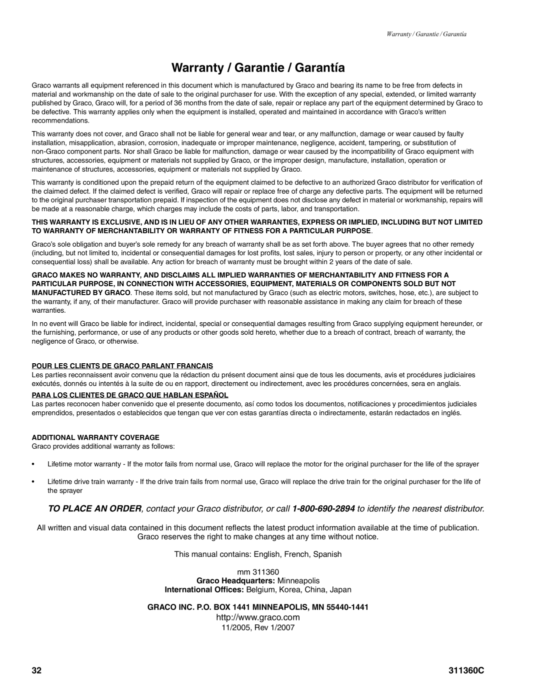 Graco 311360C important safety instructions Warranty / Garantie / Garantía, Pour LES Clients DE Graco Parlant Francais 