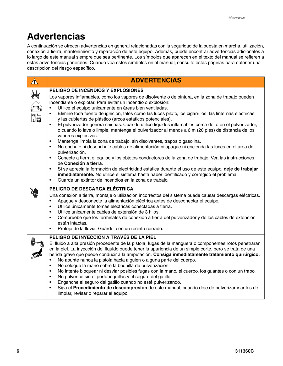 Graco 311360C Peligro DE Incendios Y Explosiones, Peligro DE Descarga Eléctrica, Peligro DE Inyección a Través DE LA Piel 