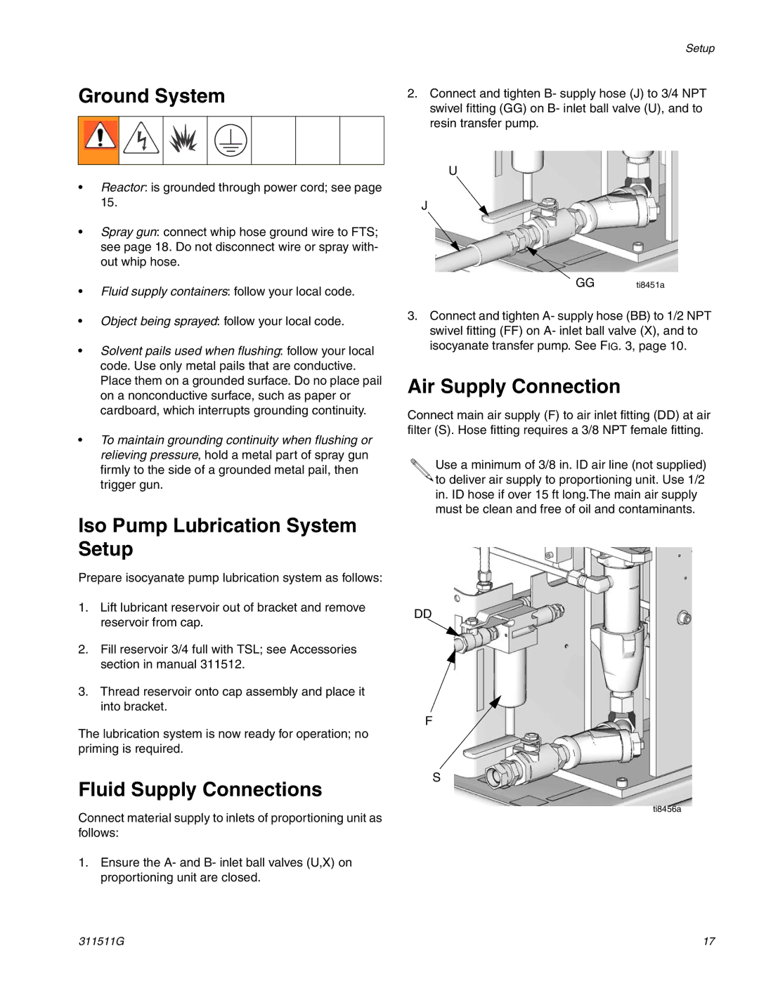 Graco 311511G Ground System, Iso Pump Lubrication System Setup, Fluid Supply Connections, Air Supply Connection 