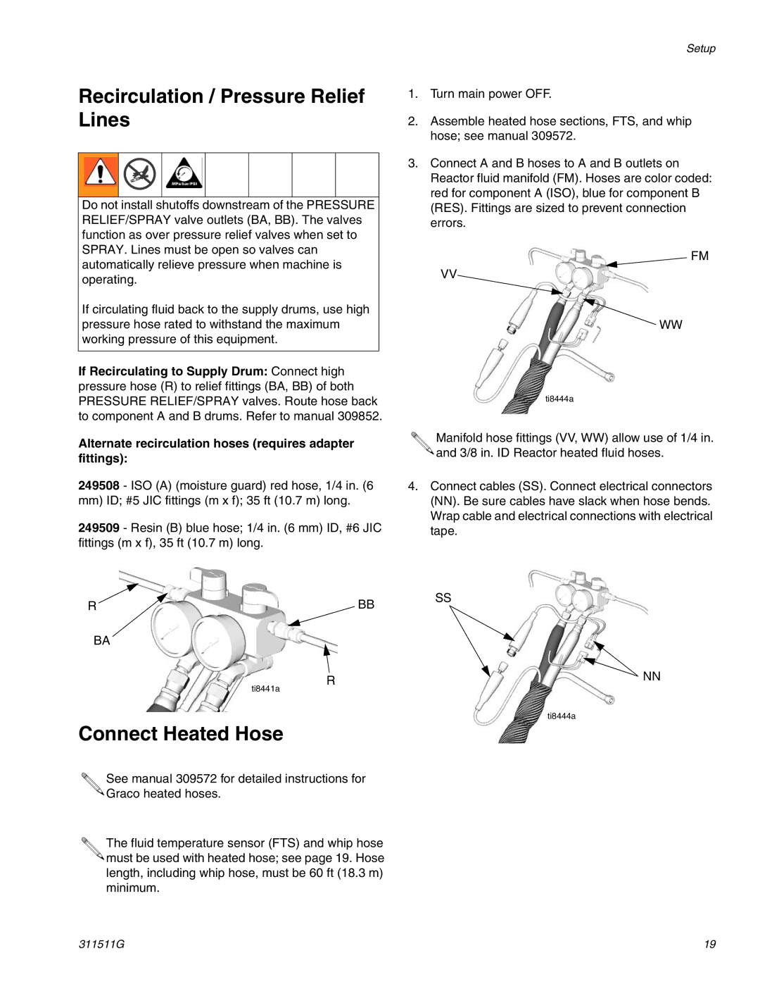 Graco 311511G important safety instructions Recirculation / Pressure Relief Lines, Connect Heated Hose 