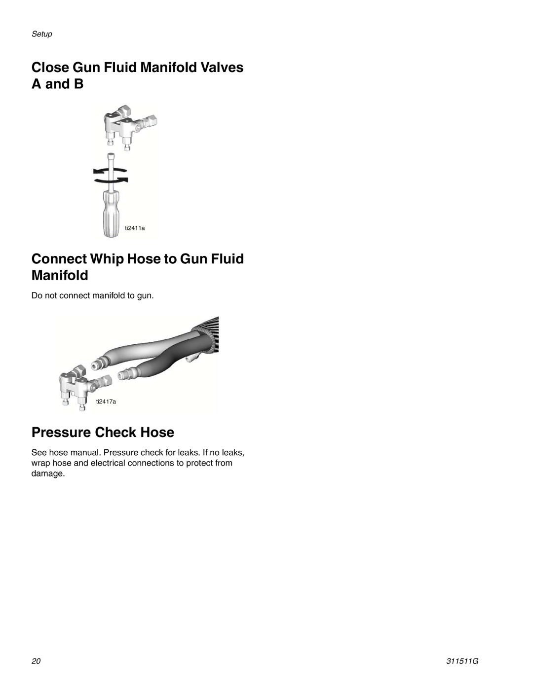 Graco 311511G Close Gun Fluid Manifold Valves a and B, Connect Whip Hose to Gun Fluid Manifold, Pressure Check Hose 