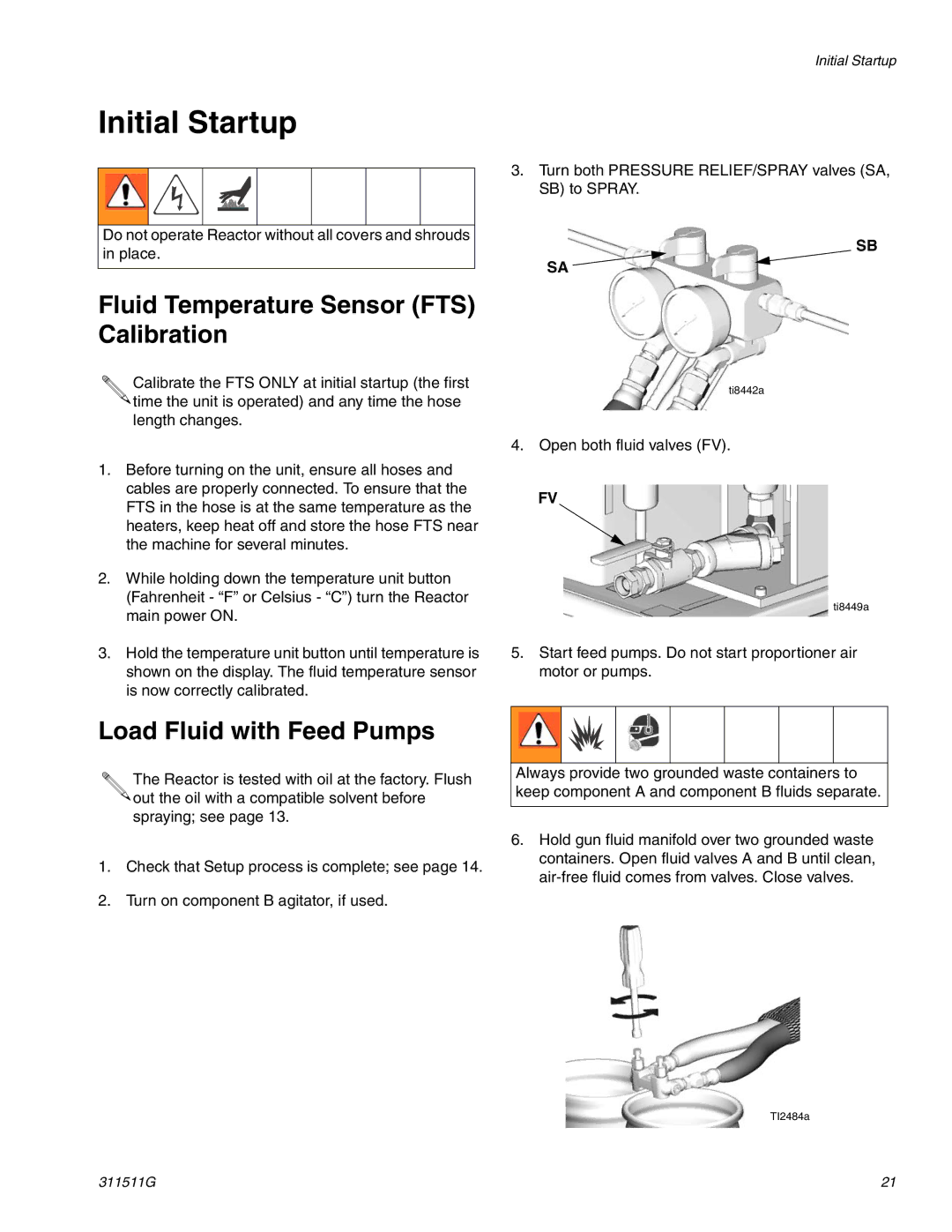 Graco 311511G Initial Startup, Fluid Temperature Sensor FTS Calibration, Load Fluid with Feed Pumps 