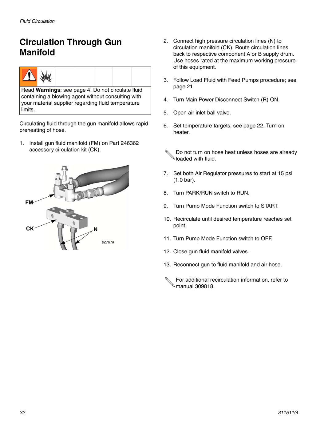 Graco 311511G important safety instructions Circulation Through Gun Manifold, Ckn 