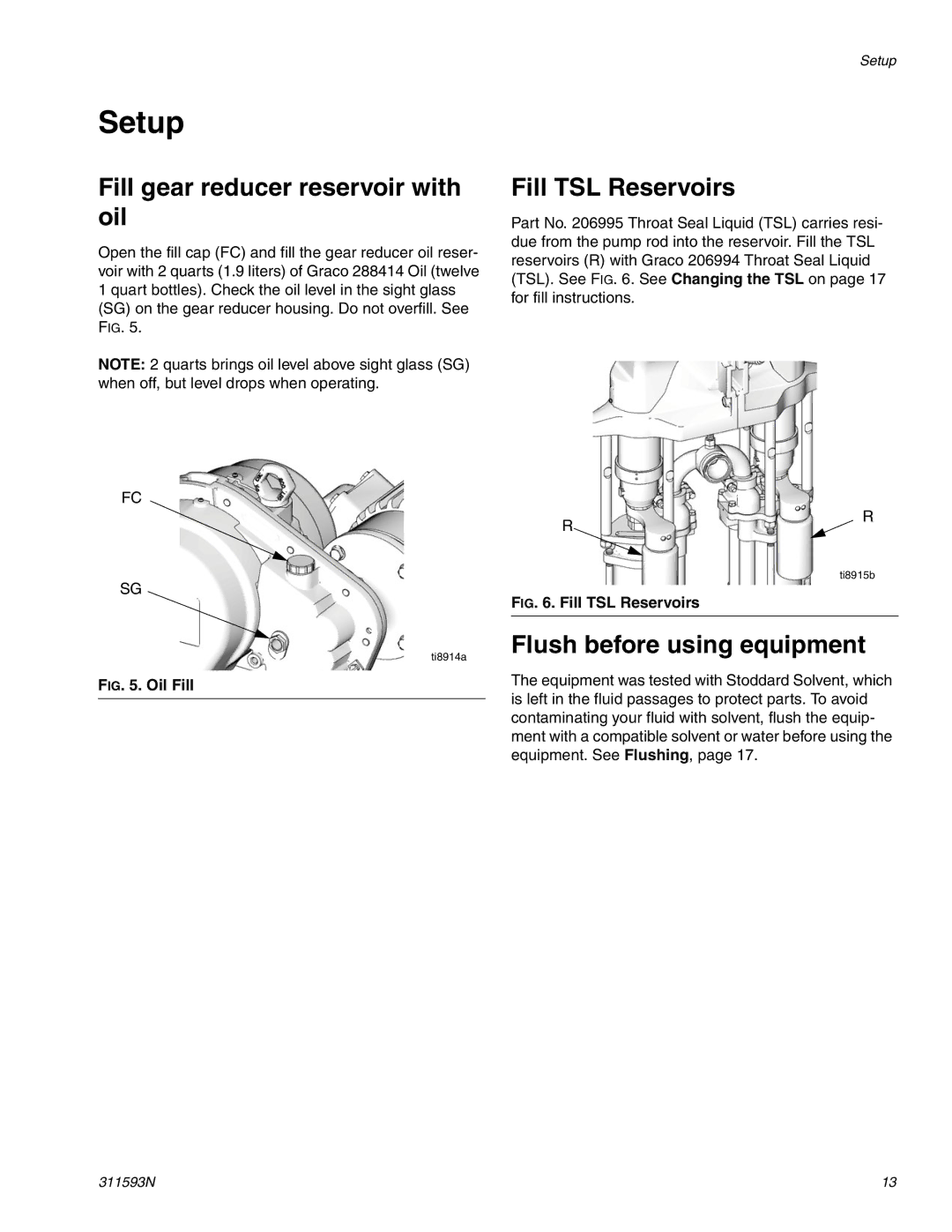 Graco 311593N Setup, Fill gear reducer reservoir with oil, Fill TSL Reservoirs, Flush before using equipment 