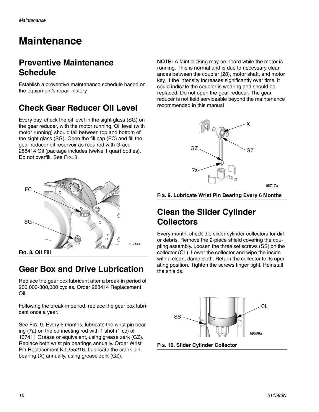 Graco 311593N Preventive Maintenance Schedule, Check Gear Reducer Oil Level, Gear Box and Drive Lubrication 