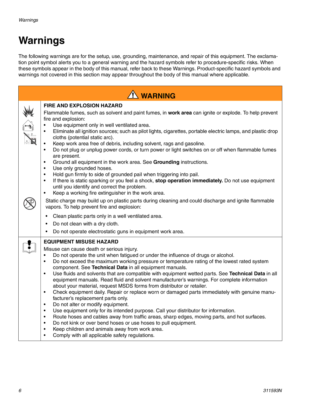 Graco 311593N important safety instructions Fire and Explosion Hazard 