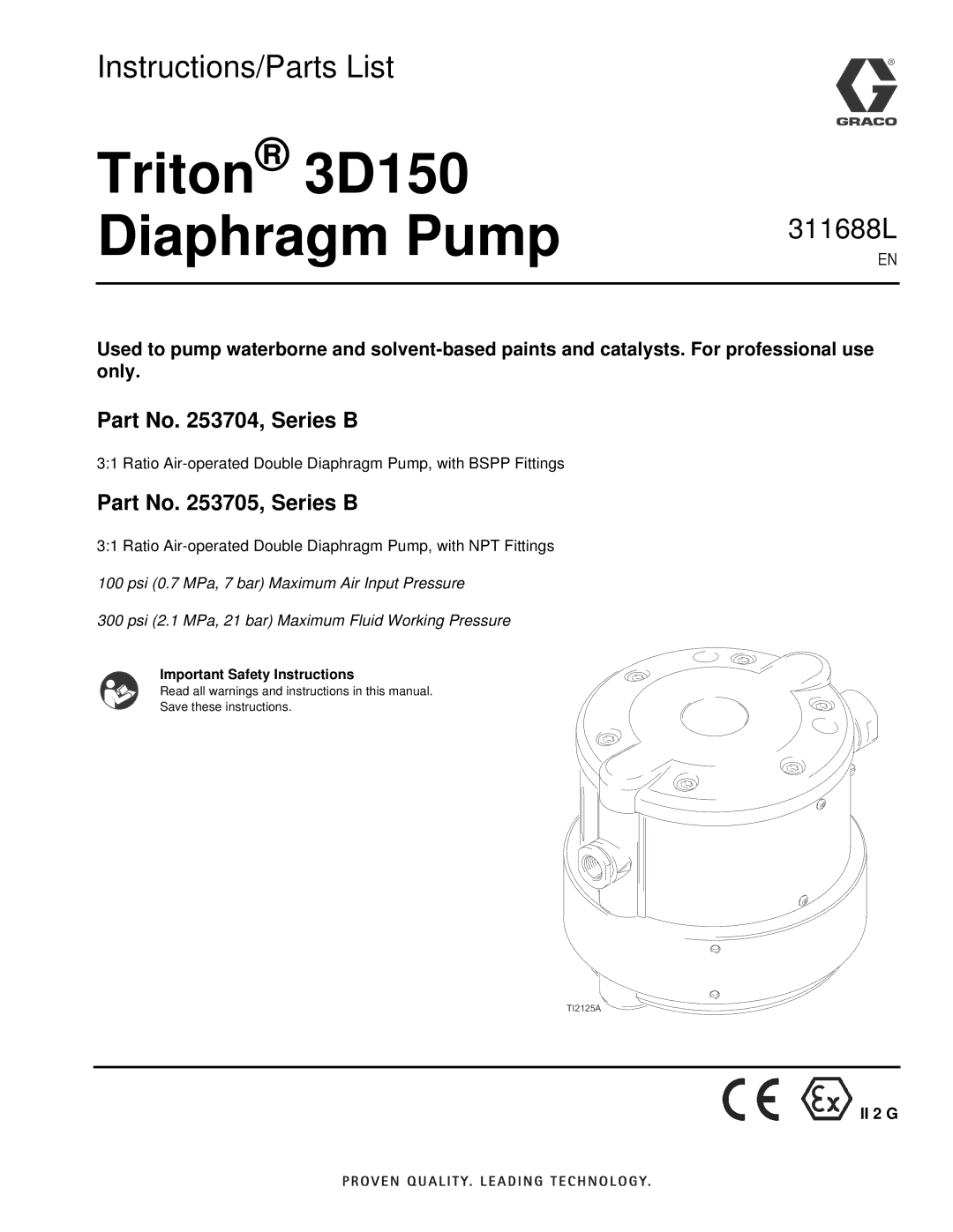 Graco 311688L important safety instructions Triton 3D150 Diaphragm Pump, II 2 G 