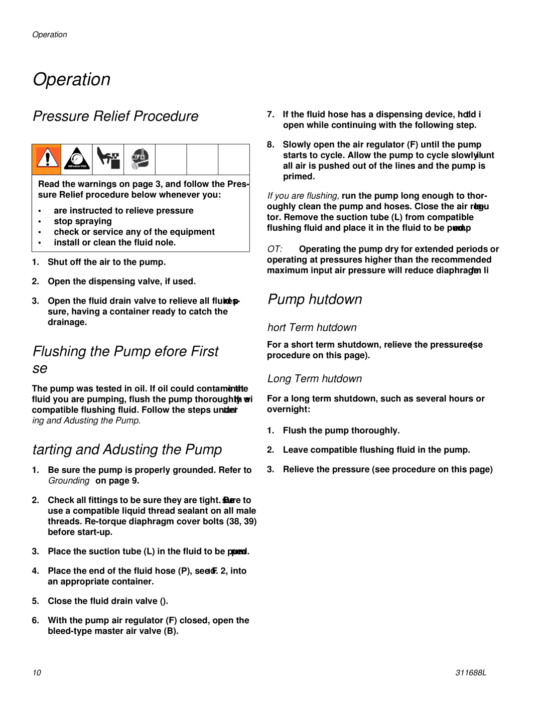 Graco 311688L Operation, Pressure Relief Procedure, Flushing the Pump Before First Use, Starting and Adjusting the Pump 