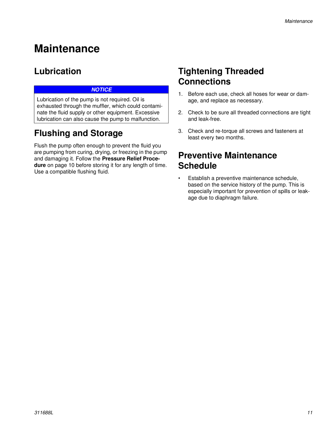 Graco 311688L important safety instructions Maintenance, Lubrication, Flushing and Storage, Tightening Threaded Connections 