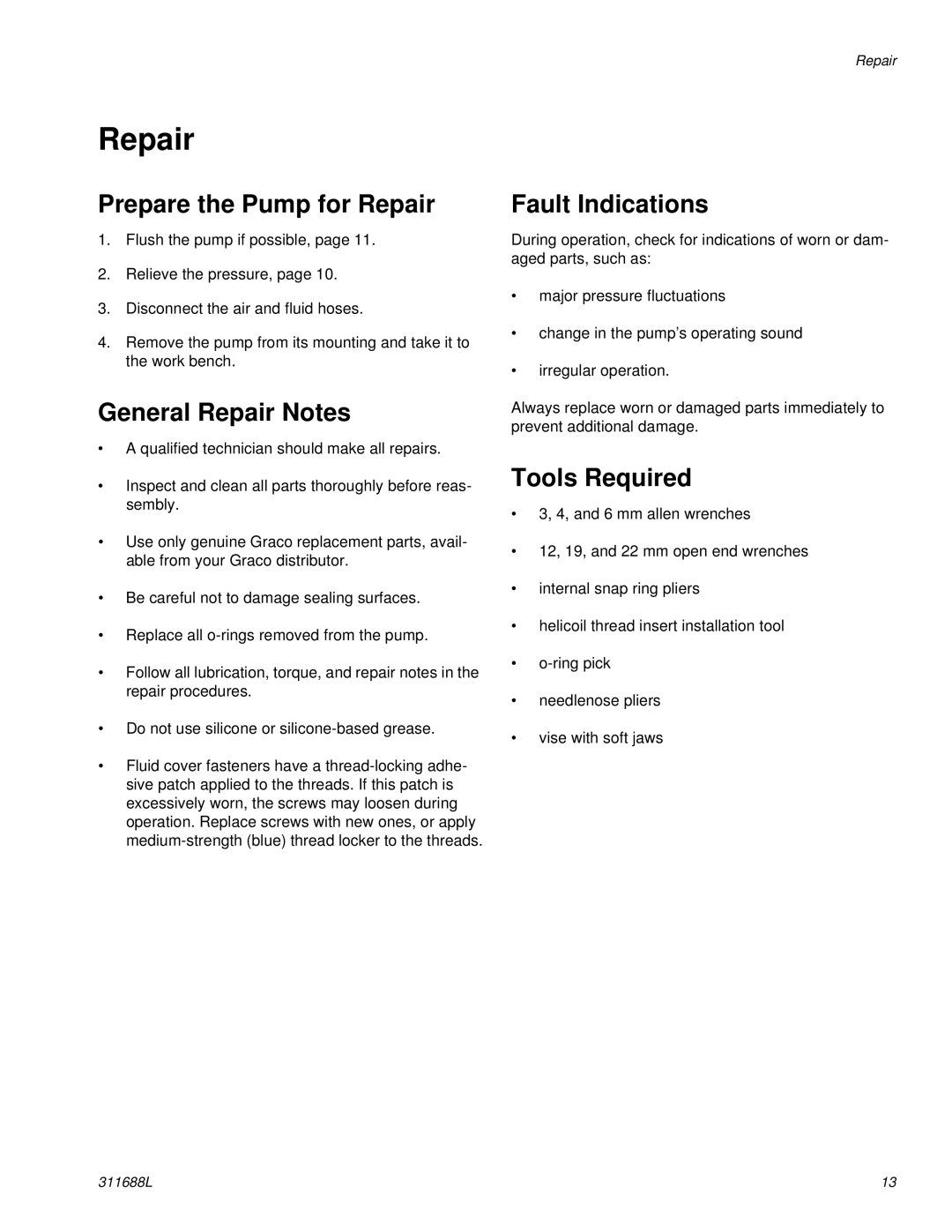 Graco 311688L Prepare the Pump for Repair, General Repair Notes, Fault Indications, Tools Required 