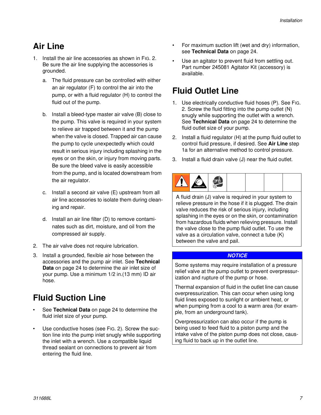 Graco 311688L important safety instructions Air Line, Fluid Suction Line, Fluid Outlet Line 