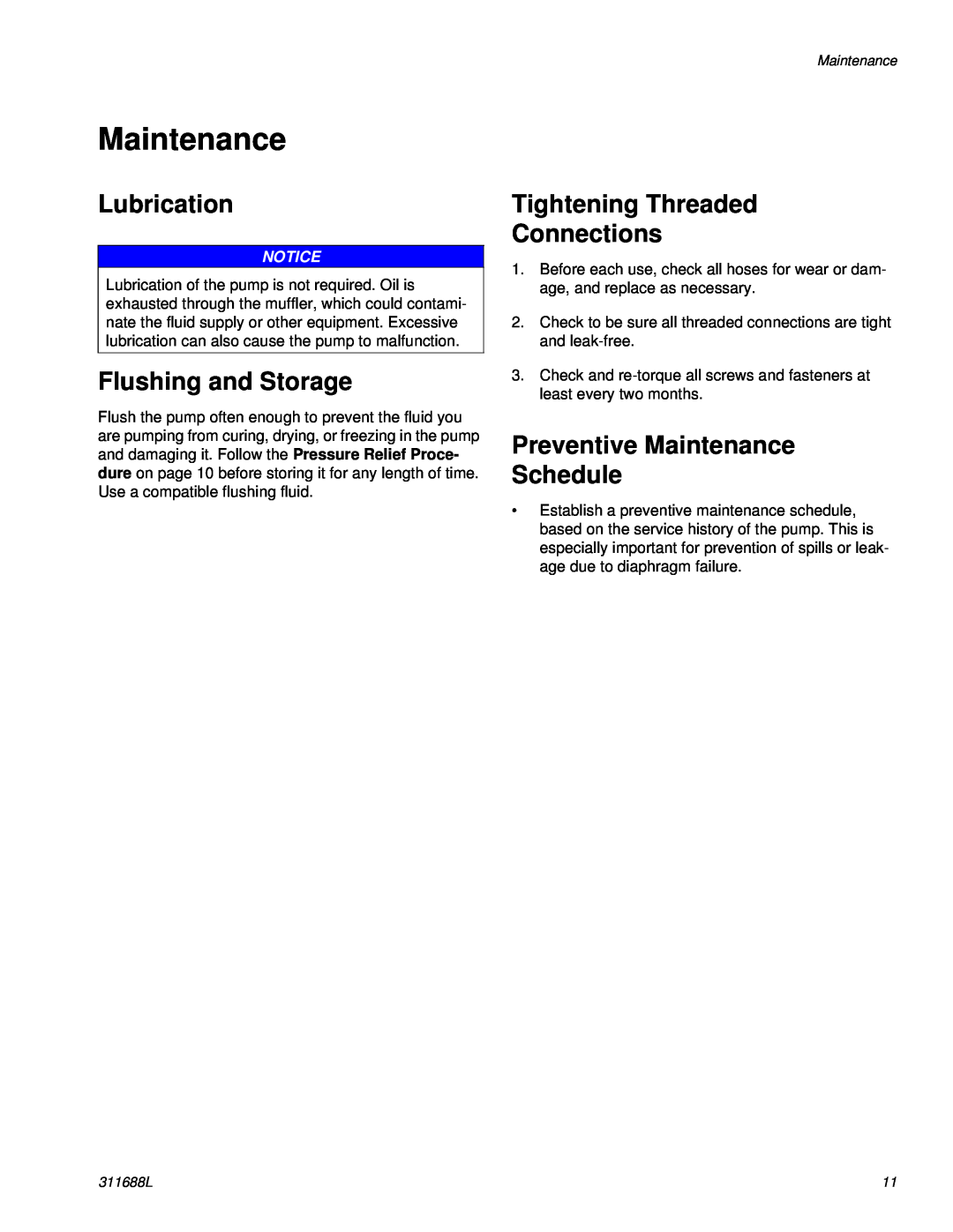 Graco 311688L important safety instructions Maintenance, Lubrication, Flushing and Storage, Tightening Threaded Connections 