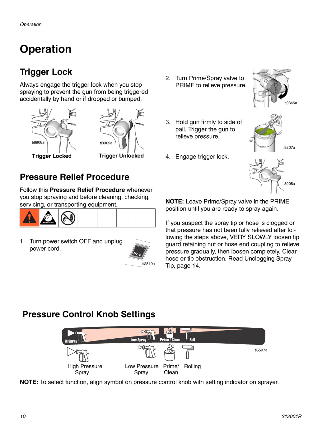 Graco 312001R Operation, Trigger Lock, Pressure Relief Procedure, Pressure Control Knob Settings 