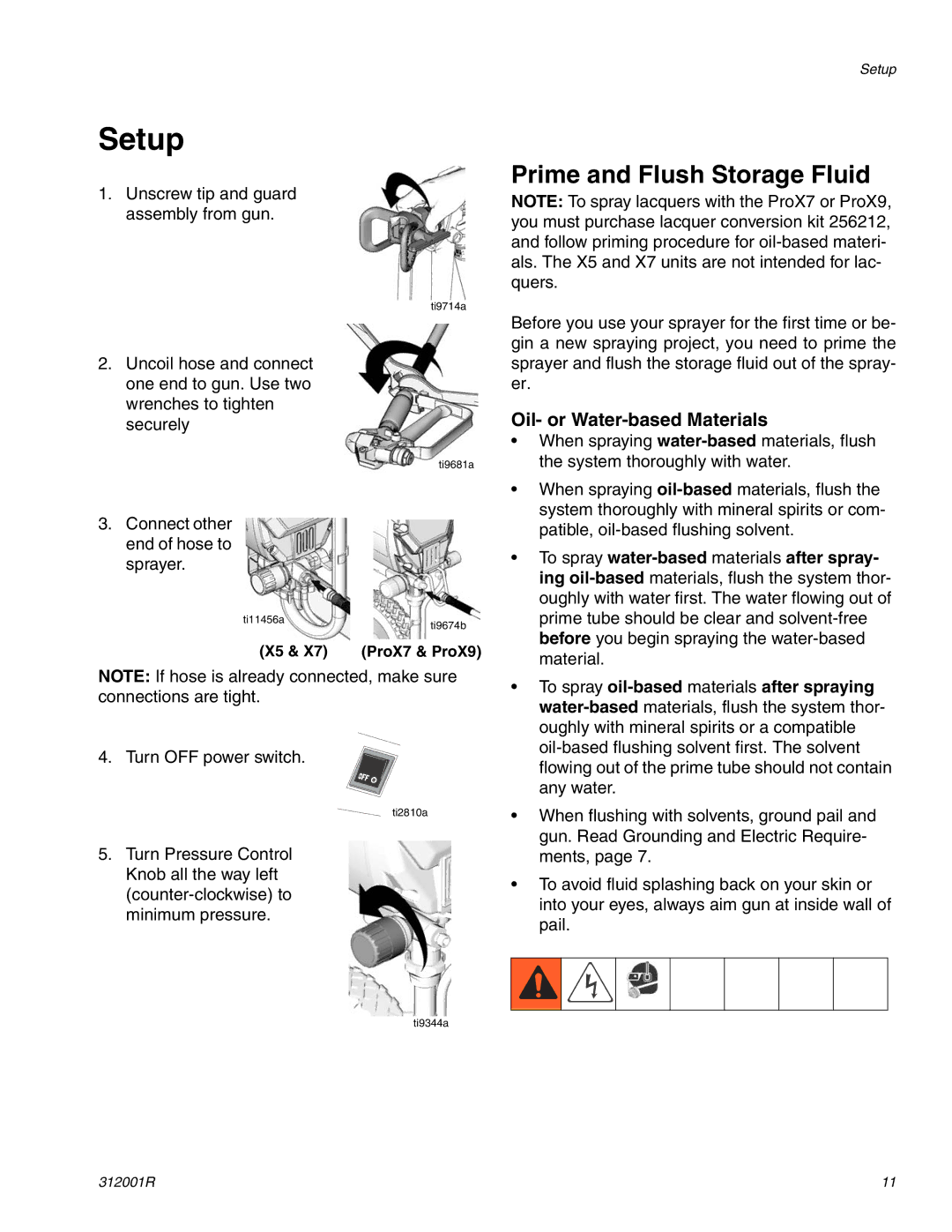 Graco 312001R important safety instructions Setup, Prime and Flush Storage Fluid, Oil- or Water-based Materials 