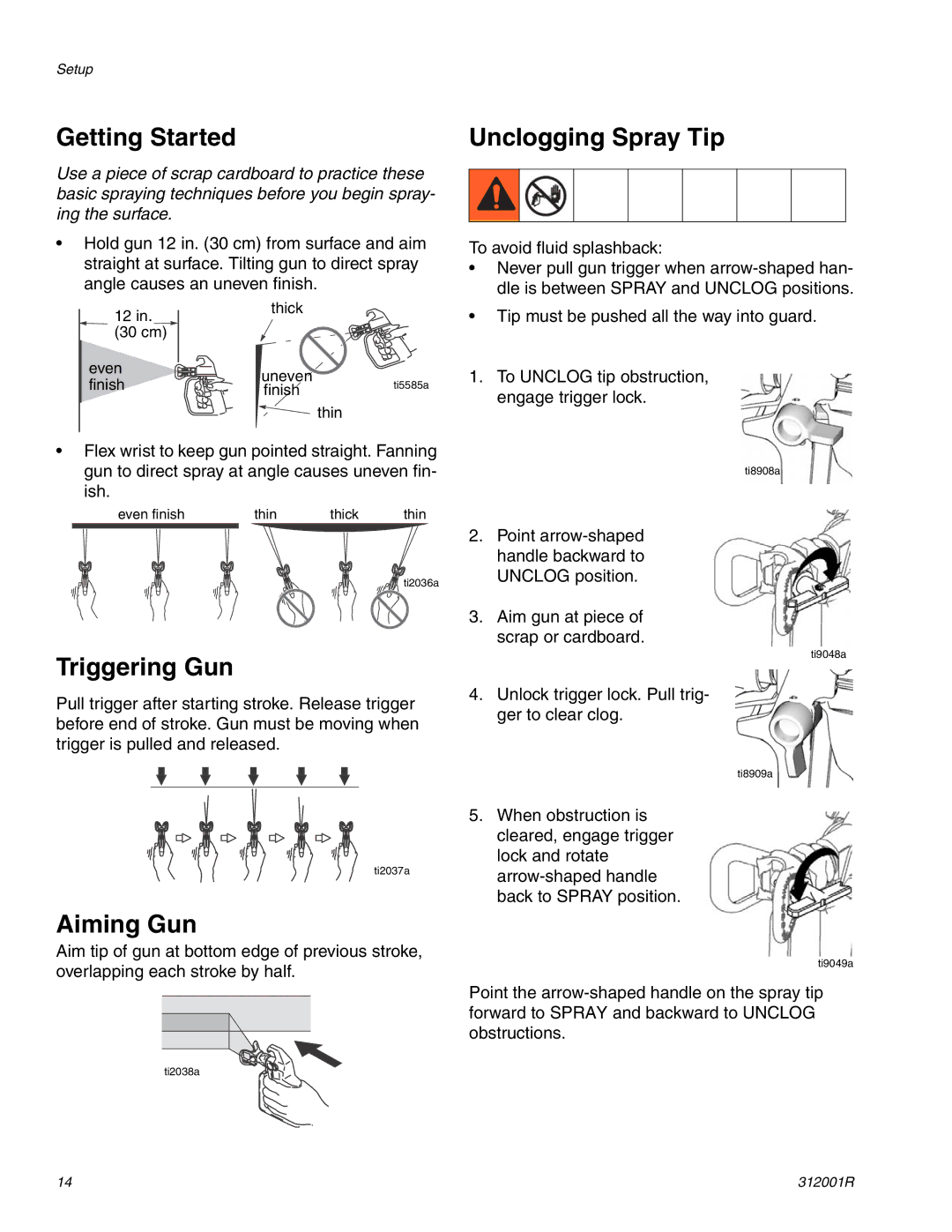 Graco 312001R important safety instructions Getting Started, Unclogging Spray Tip, Triggering Gun, Aiming Gun 