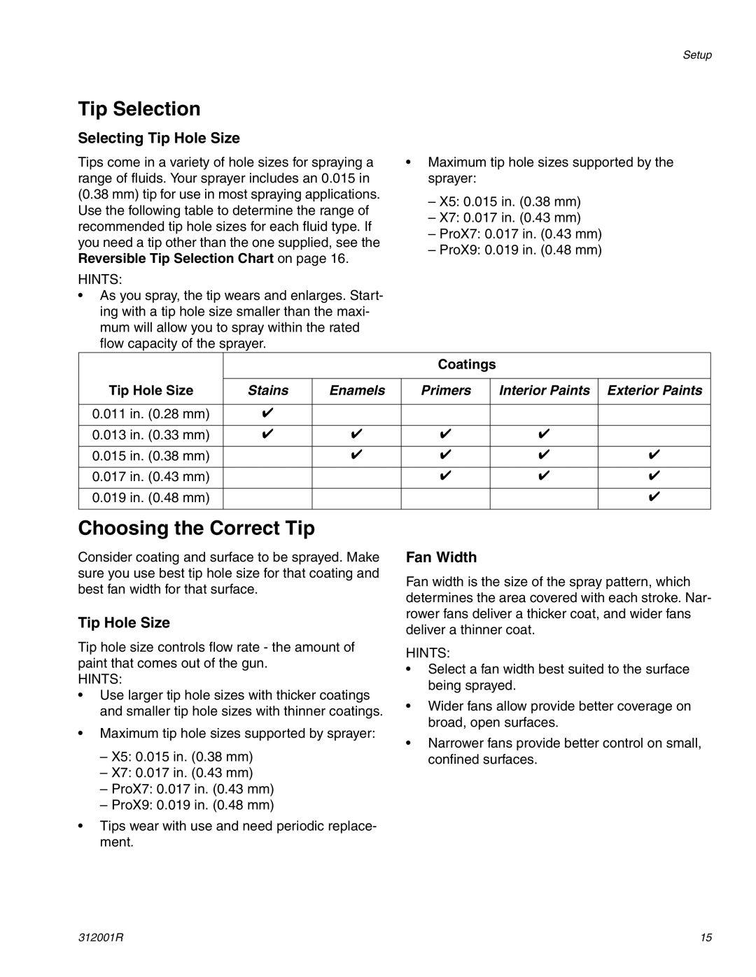 Graco 312001R important safety instructions Tip Selection, Choosing the Correct Tip, Selecting Tip Hole Size, Fan Width 