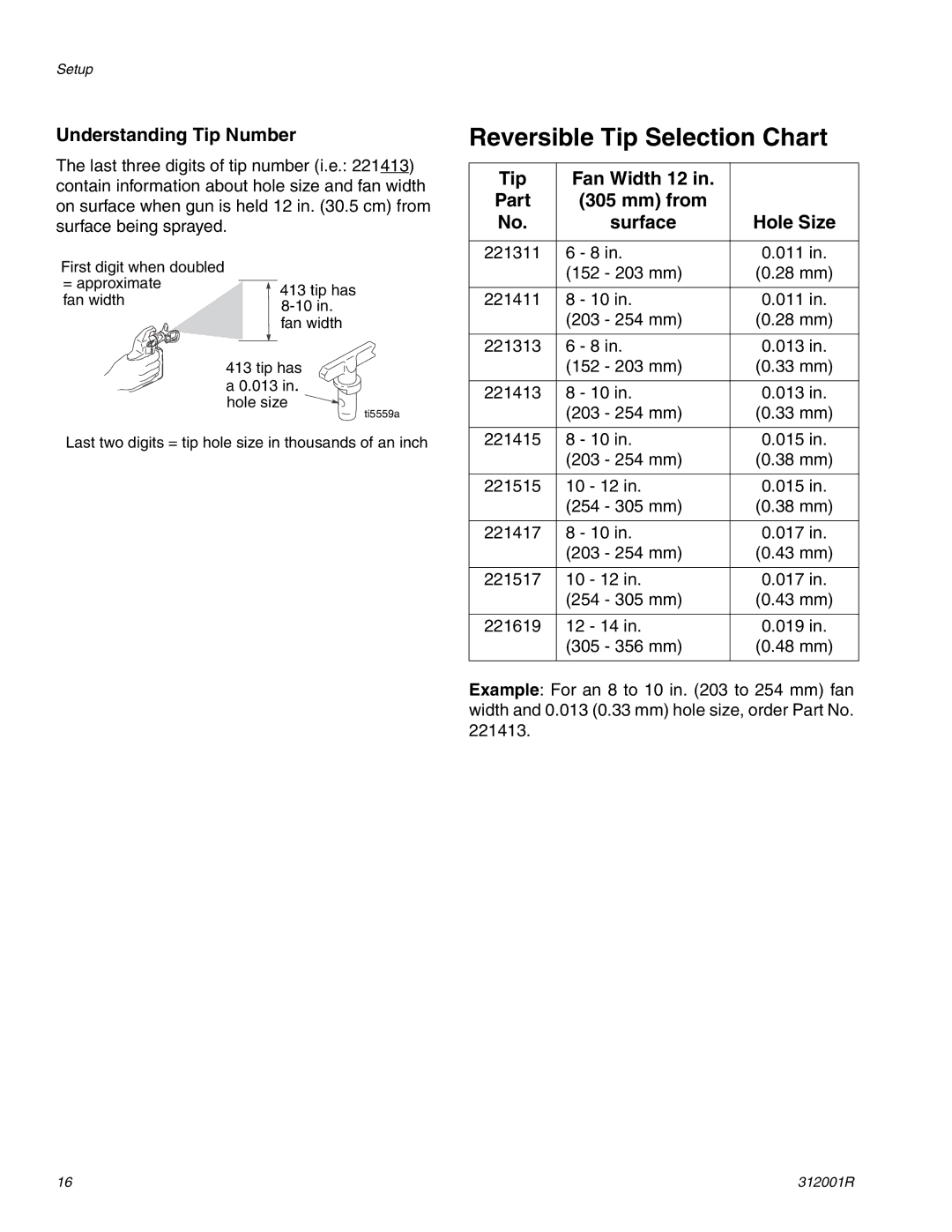 Graco 312001R Reversible Tip Selection Chart, Understanding Tip Number, Tip Fan Width 12 Part Mm from Surface, Hole Size 