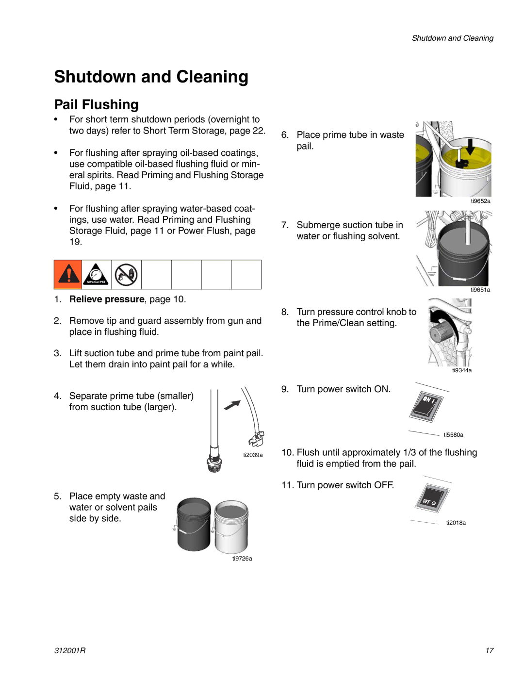 Graco 312001R important safety instructions Shutdown and Cleaning, Pail Flushing, Relieve pressure 