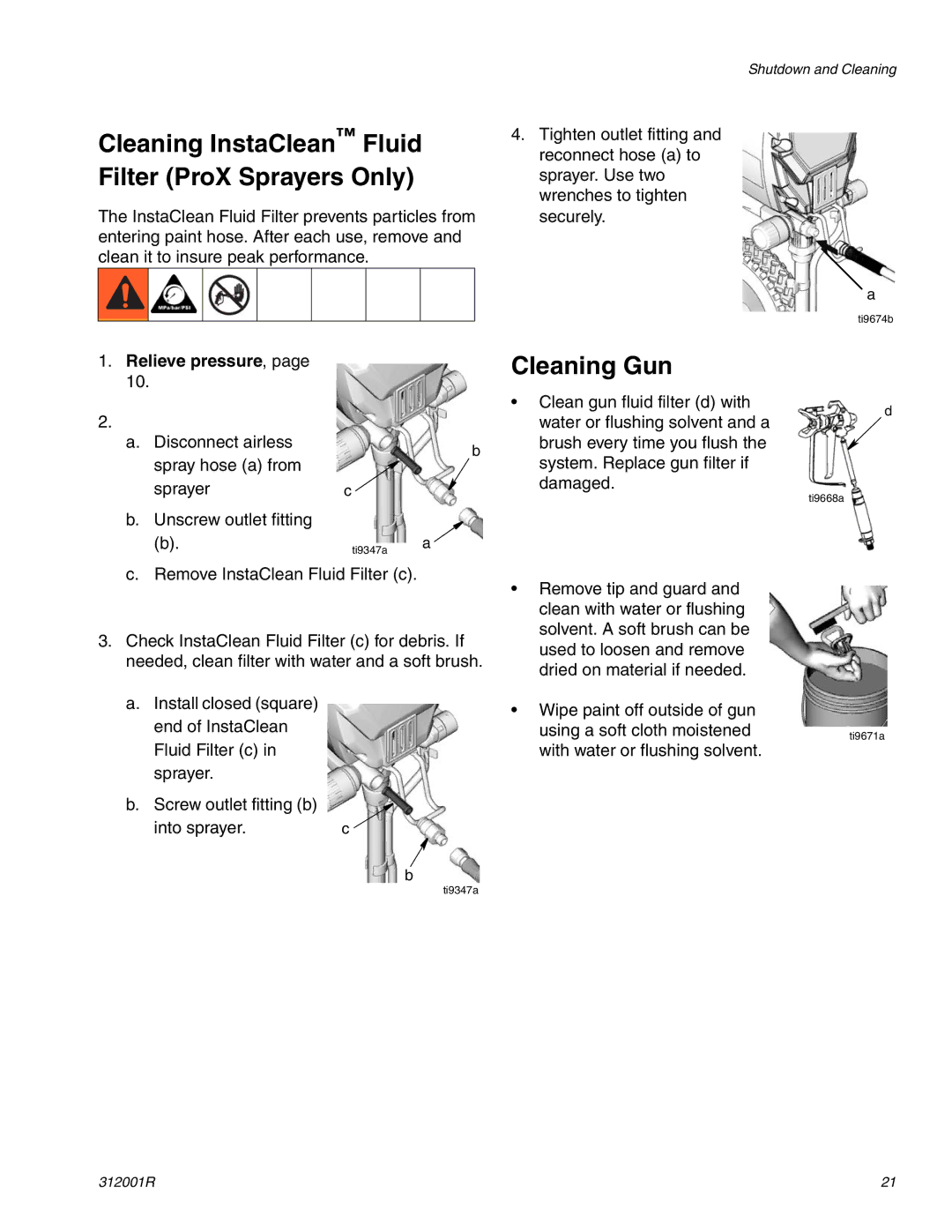 Graco 312001R important safety instructions Cleaning InstaClean Fluid Filter ProX Sprayers Only, Cleaning Gun 