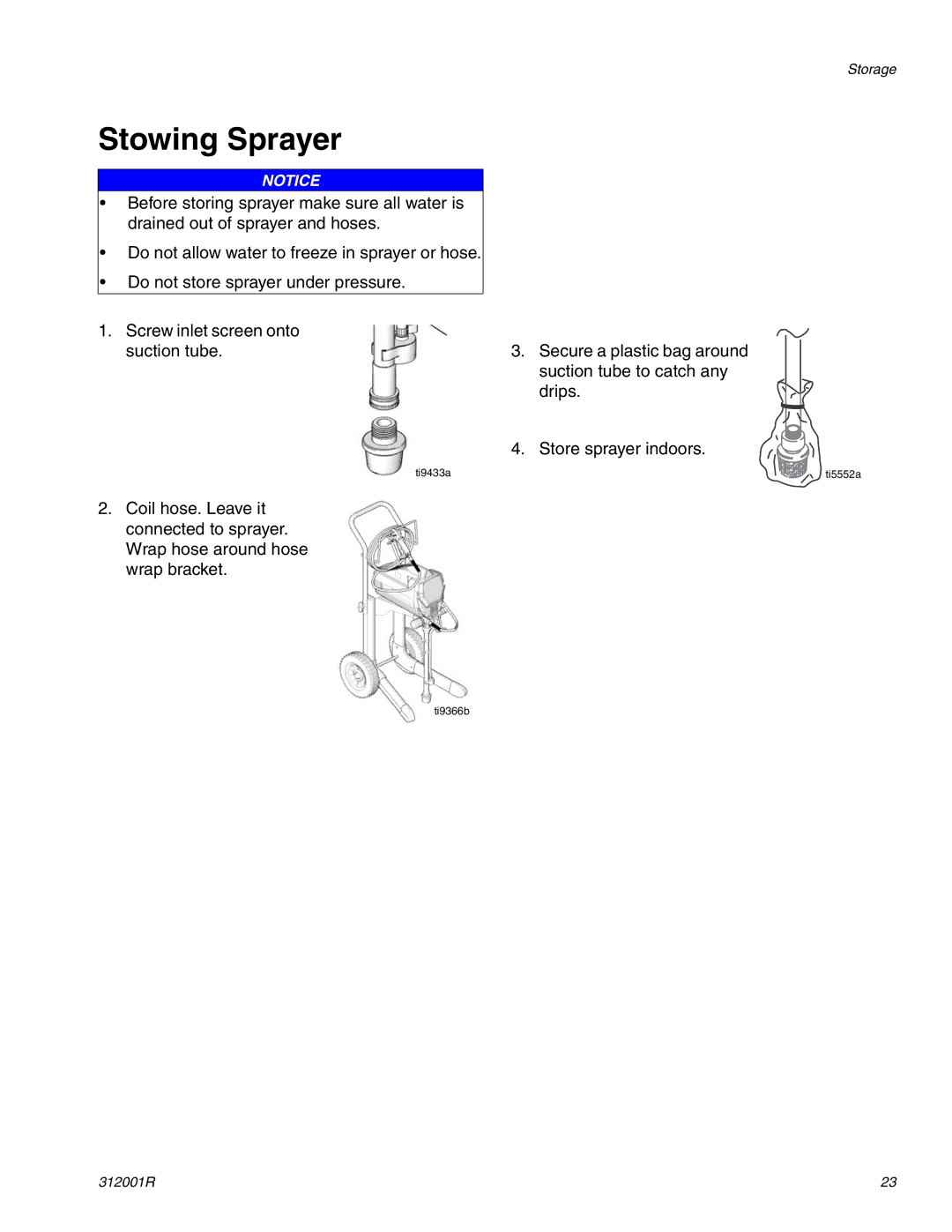 Graco 312001R important safety instructions Stowing Sprayer 