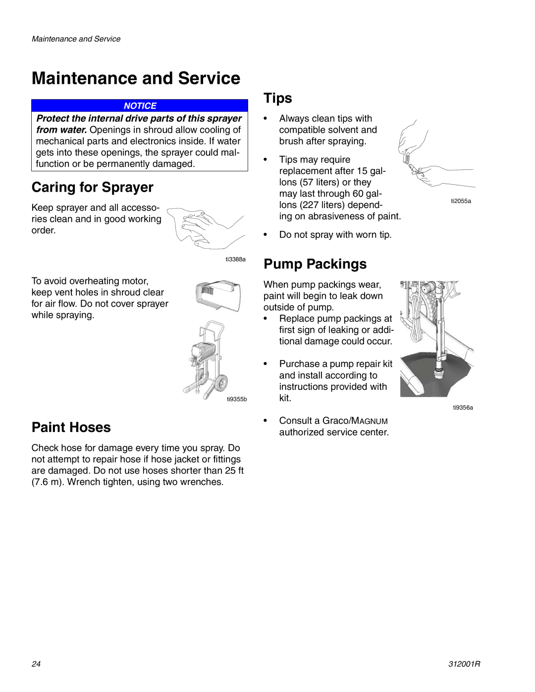 Graco 312001R important safety instructions Maintenance and Service, Caring for Sprayer, Paint Hoses, Tips, Pump Packings 